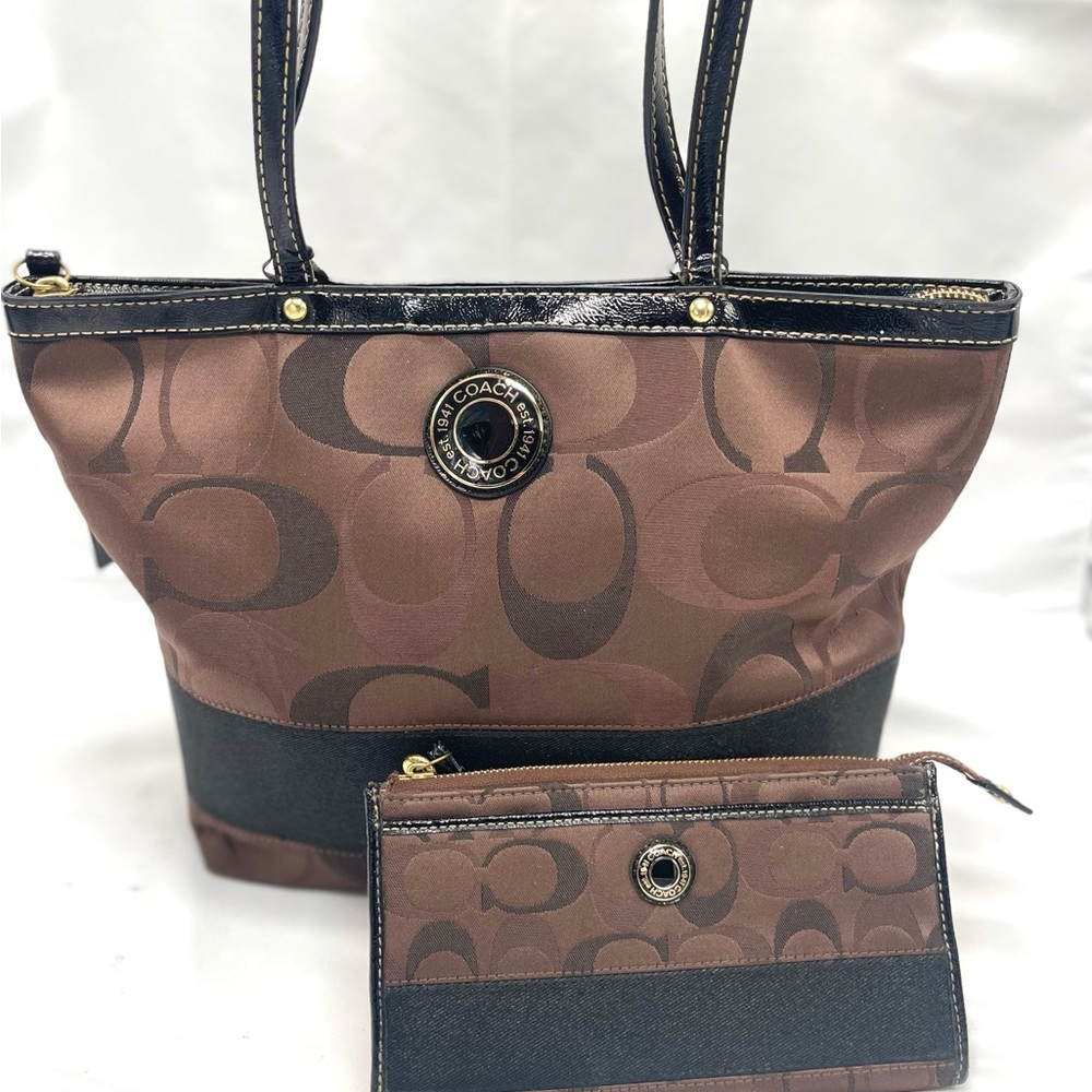 COACH Signature ‘C’ Strip City Zip Brown/Black Tote Bag & Matching Wallet